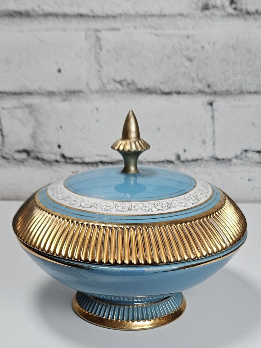 Golden Century N&C Italy Vintage Blue Gold Lidded Candy Dish Compote 5058